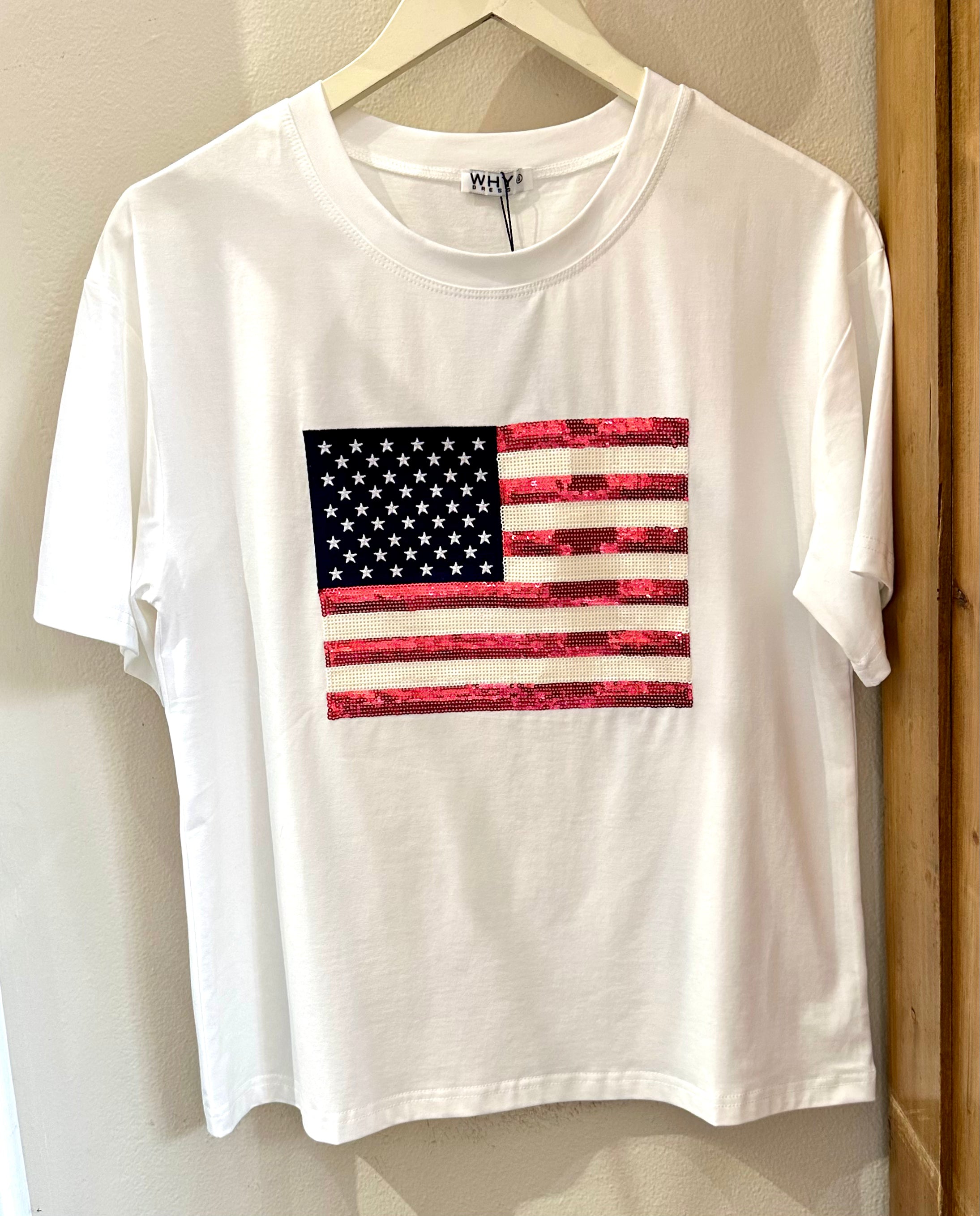 Sequin American Flag White Tee Shirt – Arabella Sequin American Flag White Tee Shirt – Arabella